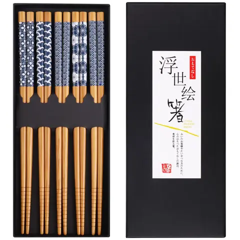 Bamboo Chopsticks, 5 Pairs Reusable Lightweight Ramen Chopsticks, Portable Non-slip Chopsticks for Home Festival Party, Kitchen Accessories, Utensils, Chopsticks Set