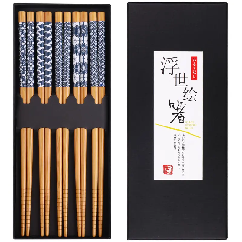 Bamboo Chopsticks, 5 Pairs Reusable Lightweight Ramen Chopsticks, Portable Non-slip Chopsticks for Home Festival Party, Kitchen Accessories, Utensils, Chopsticks Set