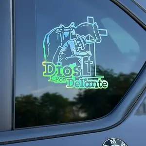 2Pcs Cowboy Dios por Delante Religious Holographic Car Decal - High Definition Waterproof Christian Cross Sticker for Laptops Hardhats Bumpers Helmets Cars & Gear, Texan Cowboy Car Sticker
