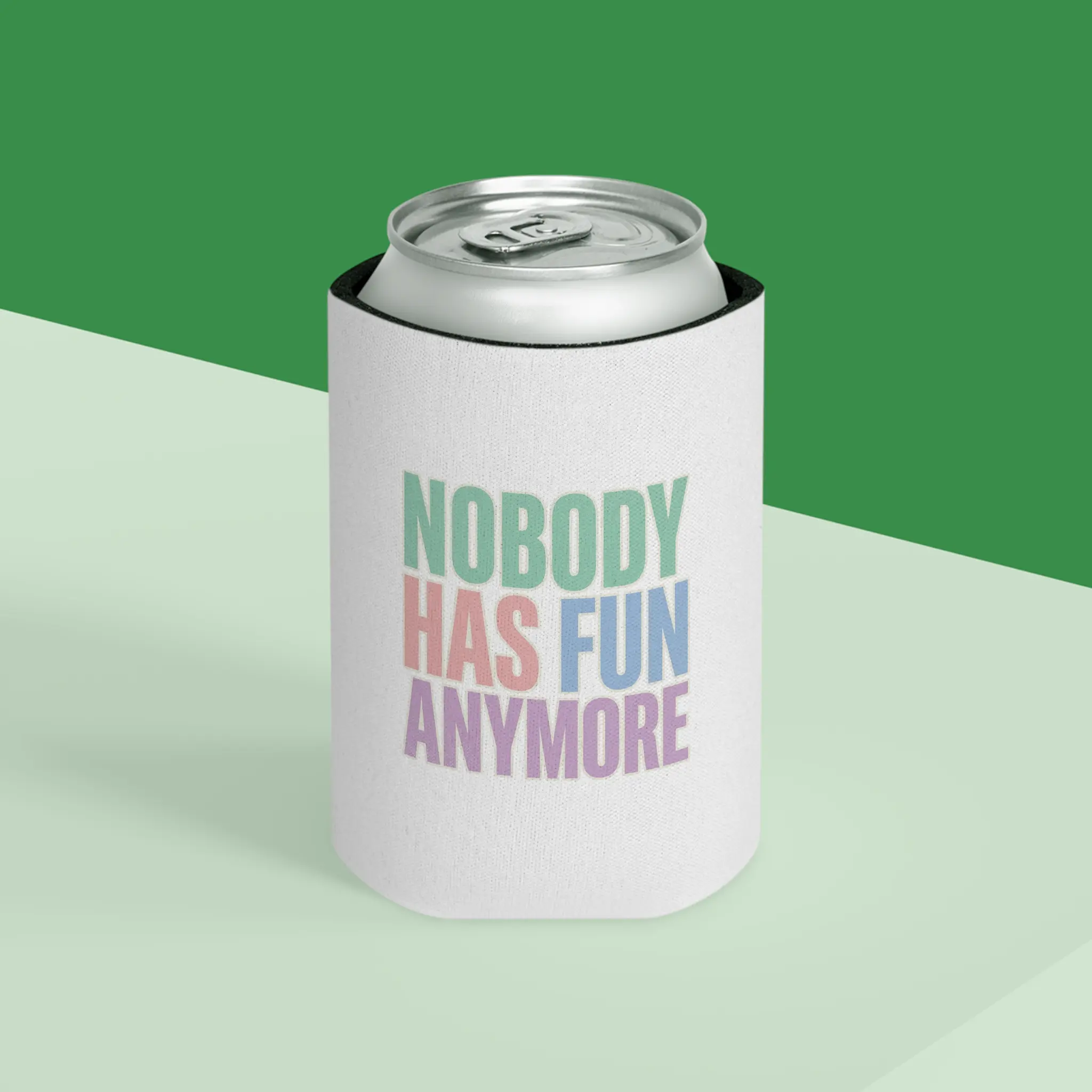 Lavender Printed "Nobody Has Fun Anymore" Pastel Text Regular Can Cooler, Lightweight Drink Beverage Insulator