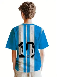 Argentina No. 10 Retro Vintage Kids T-Shirt, Blue Striped Football Theme Short Sleeve, Boys Fanwear, Youth Soccer Apparel