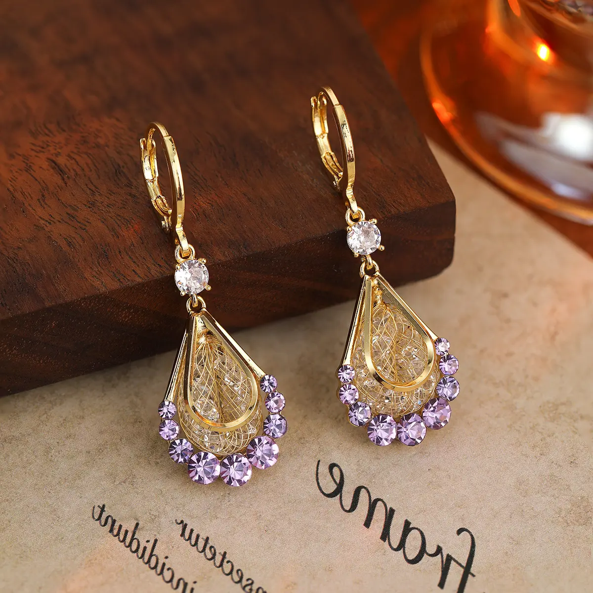 Women's Gold Wire Mesh Water Drop Dangly Earrings, Light Luxury High-End Fashion Dangle Earrings, Elegant Stylish Luxury Artificial Gemstone Ear Accessories E50083-EH, Luxury Artificial Gemstone Earrings tiktokshopbacktoschool