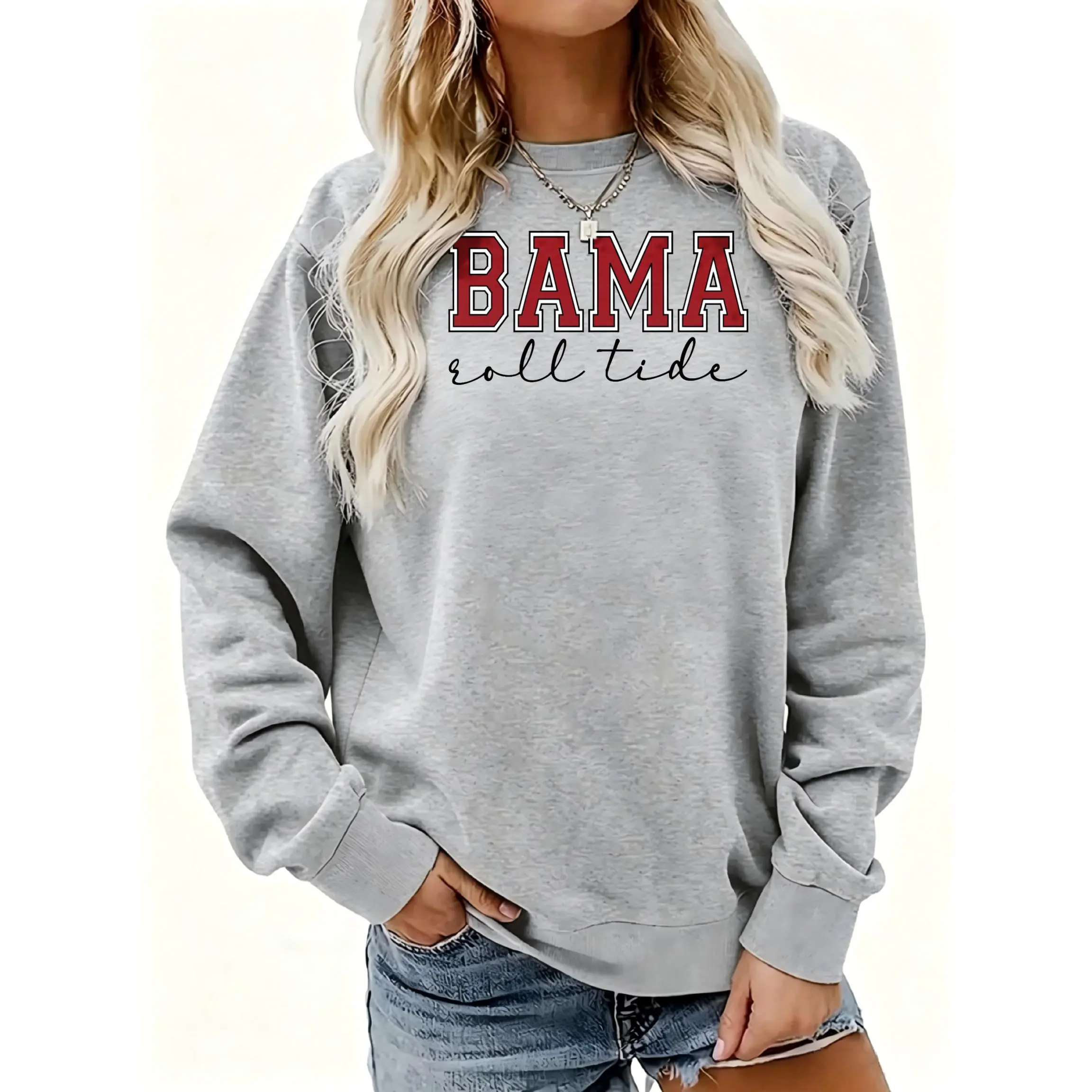 Women's Bama Roll Tide Script Print Crewneck Sweatshirt | Soft Stretchy Long Sleeve Pullover | Cozy Fall Layering Essential For Casual Daily, Office & Streetwear Looks Chic Coat