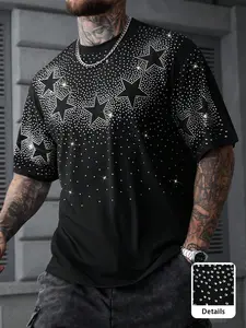 Unisex design featuring a water-crystal-embellished cross-shaped pattern on a T-shirt. A stylish, glam-inspired top that shines with modern design, perfect for showcasing refined and trendy fashion sense, suitable for everyday wear in school or at work, a