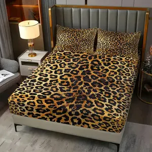 Caramel Amber Leopard Print Retro Warm Fitted Sheet Set 3 Pcs (1 Fitted Sheet + 2 Pillowcases No Filler) Soft Non-Slip Wear-Resistant No Pilling Ideal for Retro Warm Lovers Family Users Gift Recipients Fits Bedrooms Home stays Retro Spaces Bed Sheets Set
