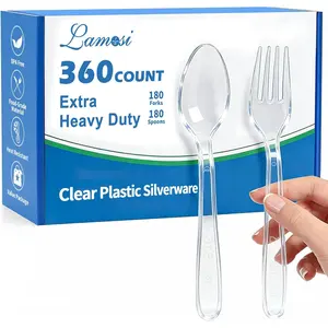 360 Count Extra Heavy Duty Clear Plastic Forks and Spoons, 180 Forks, 180 Spoons, Disposable Plastic Silverware , Heat Resistant for Wedding Party Supplies