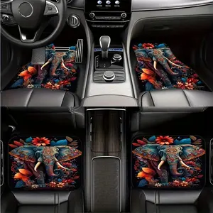 4pcs Set of Floral Elephant Print Car Mats - Suitable for SUVs, Trucks, Cars | All-Weather Polyester Mats | Ideal Gift, Vehicle Footrests