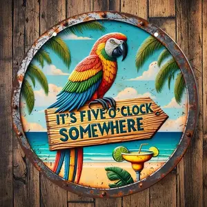 Parrot Pattern Round Sign, Vintage Metal Sign, Beach Decor, Hawaiian Gift, Garden Decoration, Home Decor, Room Decor