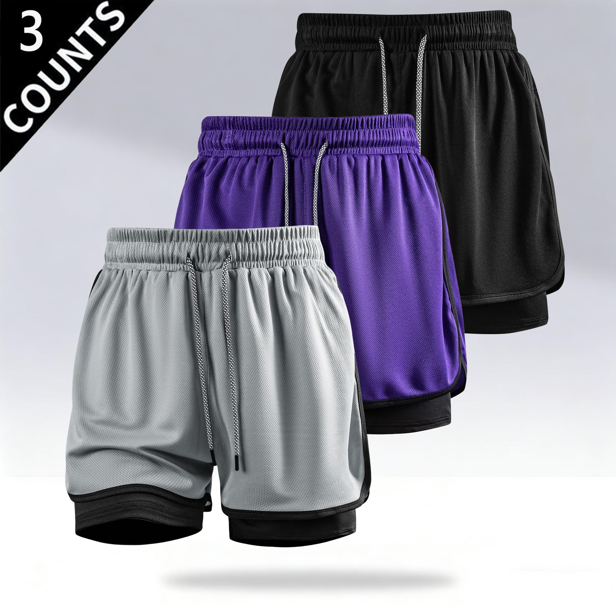 3-Pack Men’s 2-in-1 Running Shorts with Liner, Quick-Dry Breathable Mesh Athletic Workout Shorts, Lightweight Gym Basketball Shorts with Drawstring and Pockets, Summer Multi-Pack Sports Shorts for Fitness and Everyday Wear