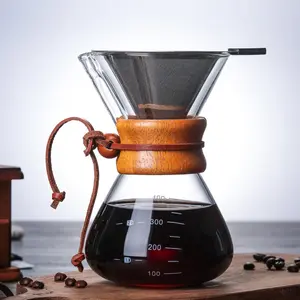 Pour Over Coffee Maker 13.5oz Borosilicate Glass Carafe with Modern Wooden Collar & Reusable Stainless Steel Filter Lead Free for 1-2 Cups