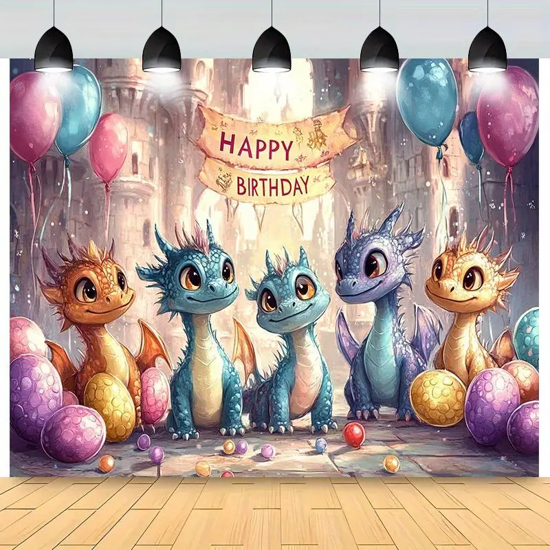 1pc Modern Vibrant Cartoon Print Dragon Theme Party Banner Decoration - Stain Resistant, Washable Durable Polyester Indoor/Outdoor Backdrop, Includes Colorful Balloons & Eggs, No-Power-Required White Dragon Decor for Birthday, Anniversary