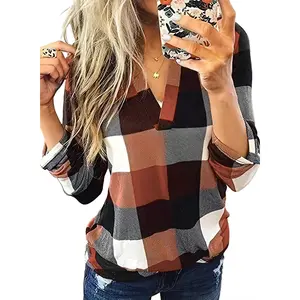 Dokotoo Womens Basic Casual V Neck Plaid Print Cotton Cuffed Long Sleeve Work Tops Blouses Shirts Dokotoo Womens Basic Casual V Neck Plaid Print Cotton Cuffed Long Sleeve Work Tops Blouses Shirts