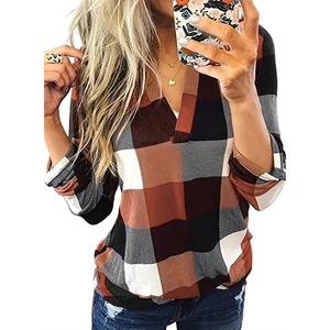 Dokotoo Womens Basic Casual V Neck Plaid Print Cotton Cuffed Long Sleeve Work Tops Blouses Shirts