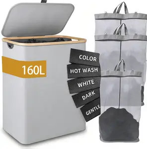 3-Section 160L Laundry Hamper with Lid | Sturdy Handle, Large Capacity | Home Clothes Storage Basket