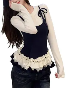 Women's Slimming Two-Piece Top, Spring Floral Long Sleeve Inner Layer, Casual Fashion for Daily Wear, Stylish Hollow Out Design