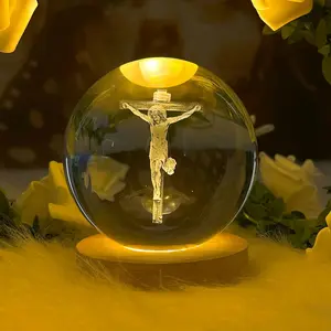 Sacred Heart of Jesus 3D Crystal Ball Night Light - K9 Laser Engraved Cross Lamp with Wooden LED Base，Catholic Religious Gift for Home & Church Decoration