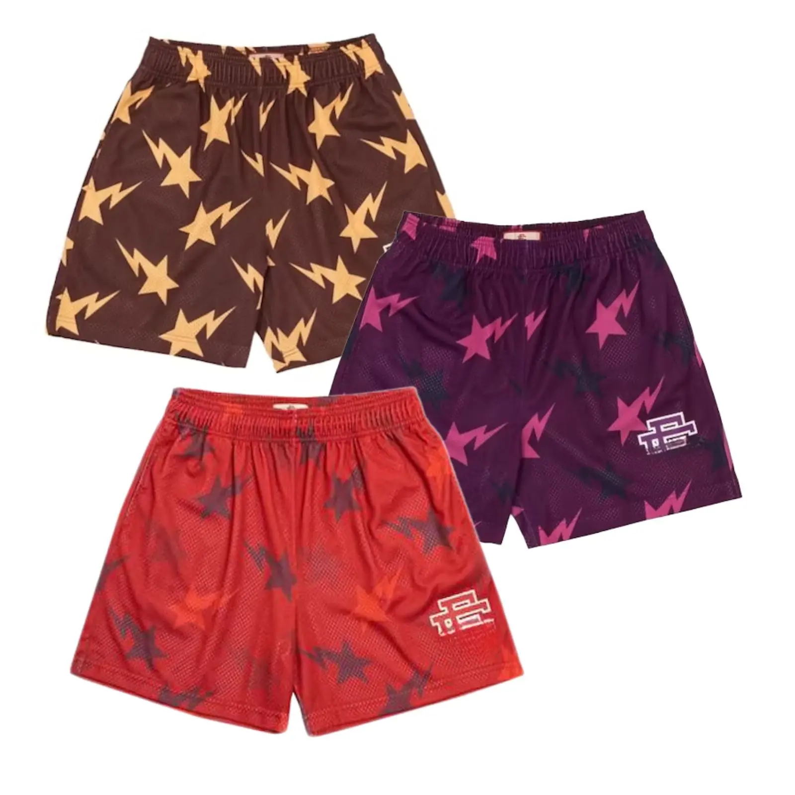 Star Lightning Graphic Mesh Shorts, Trendy Mesh Shorts Star Lighting Pattern