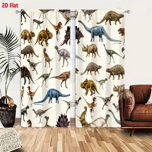 2D Flat   Kids Educational Dinosaur Curtain 2-Piece Set, Whimsical Cartoon Dino Pattern Light Filtering Blackout Curtains for Bedroom Living Room, Soft Colors & Dynamic Poses Design, 42x63 Inch Each Panel, Window Curtain
