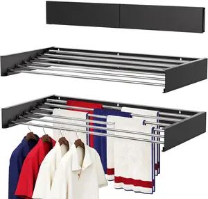 Wall Mounted Foldable 40" Laundry Drying Rack with Stainless Steel Rods, Retractable Space Saver Drying Rack for Indoor Outdoor Use, Includes Wall Mount Template