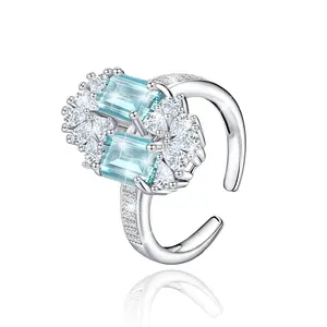 Natural Aquamarine Adjustable Ring for Women s925 Sterling Silver Open Band, Cubic Zirconia Floral Cluster Design, Elegant Blue Crystal Jewelry Summer Beach Party Ring, Size 6–10, Gift for Christmas Valentine’s Day & Everyday Wear