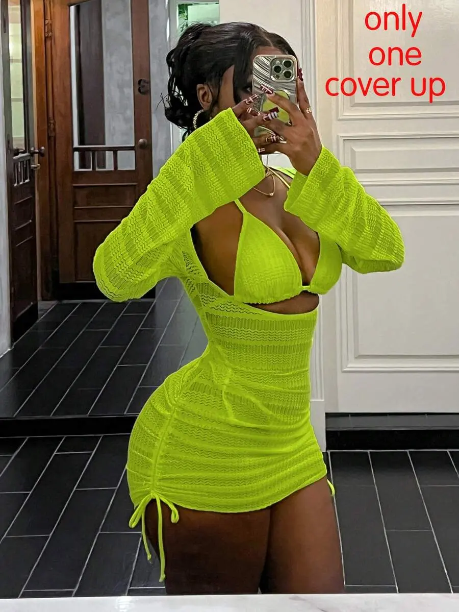 Women Luminous Solid Neon Green Textured High Stretch Hollow Out Bodycon Cover Up Dress Summer,Casual,Beach,Holiday,Vacation Only 1 Cover Up,No Bikini