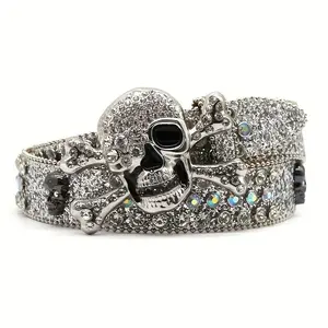Y2K-Inspired Women's Faux Leather Belt with Rhinestone Skull Buckle - Perfect for Halloween & Party Outfits