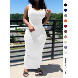 Women's Plain U Neck Bodycon Dress, Casual Womenswear, Basic Sleeveless Long Dress, Ladies Summer Clothes, Dresses for Women Spring & Fall, Womenswear, Capri Sun Dress, Fall Gift Valentine's Day, gift