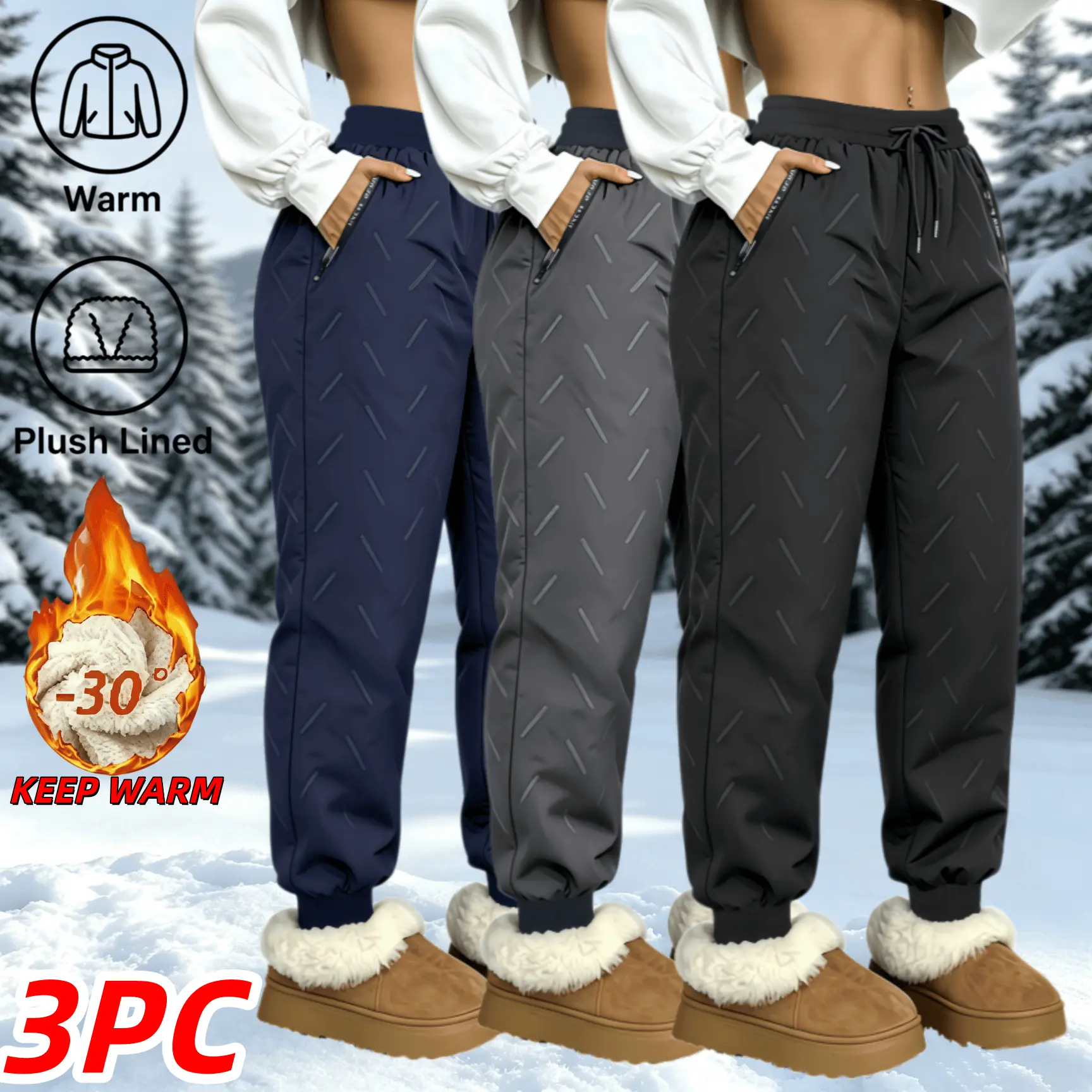 3 Pack Women’s Thick Plush Lined Winter Snow Pants, Windproof Warm Drawstring Jogger Snow Trousers, Waterproof Zip Pocket Loose Fit Cold Resistant Casual Sweatpants for Ski Outdoor Daily Cold Weather Wear, Regular Sizes，Women's warm hiking snow pants