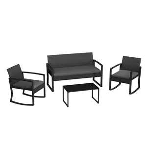 4 Piece Patio Furniture Set, PE Rattan Outdoor Rocking Chair Conversation Set with Coffee Table, Outdoor Wicker Patio Table and Chairs Set for Patio, Porch, Backyard