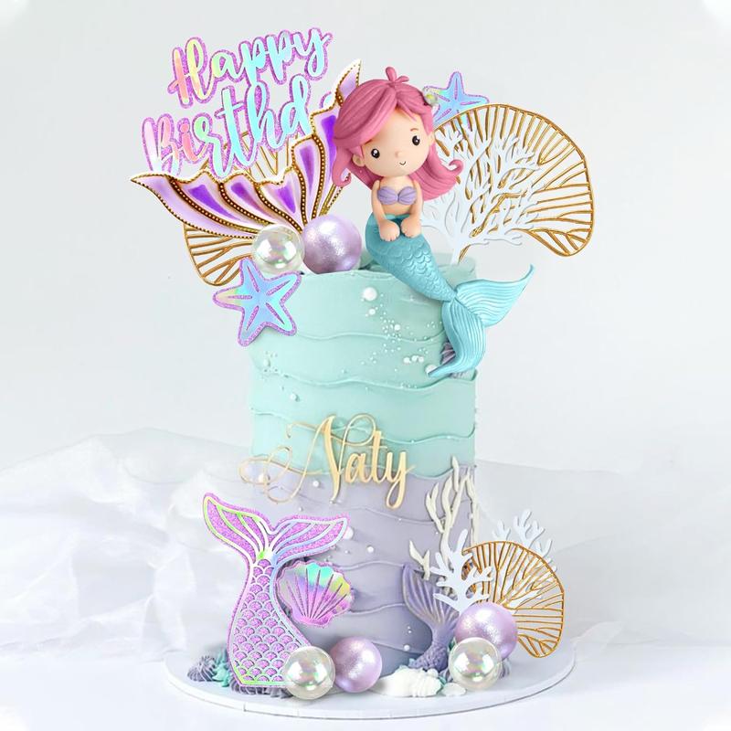 XY-SO25 Mermaid Cake Toppers with 3D Mermaid Shell Starfish Fishtail Balls for Kids Girls Birthday Party Baby Shower Supplies (Style1) Set Ornaments
