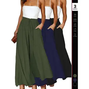 Women's Wide Leg Pants, Casual Loose Fit High Waist Drawstring Palazzo Trousers with Pockets, All Season Comfortable Design, Casual Chic Trousers