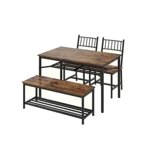 【Christmas Gift】Brown Dining Table and Chairs Set of 4,Kitchen Table with Storge Bench 47.2" Rectangular Kitchen Table Set with Wine Rack Small Dining Table Set for Apartment