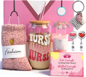 Nurse Present idea for Women, Nurse Gift Box Set, LPN Appreciation Gifts, Pink Nurse Gift Basket with 18oz Glass Cup, Candle, Socks, Keychain, Badge Reel, Nursing Graduation Gifts, RN Gifts