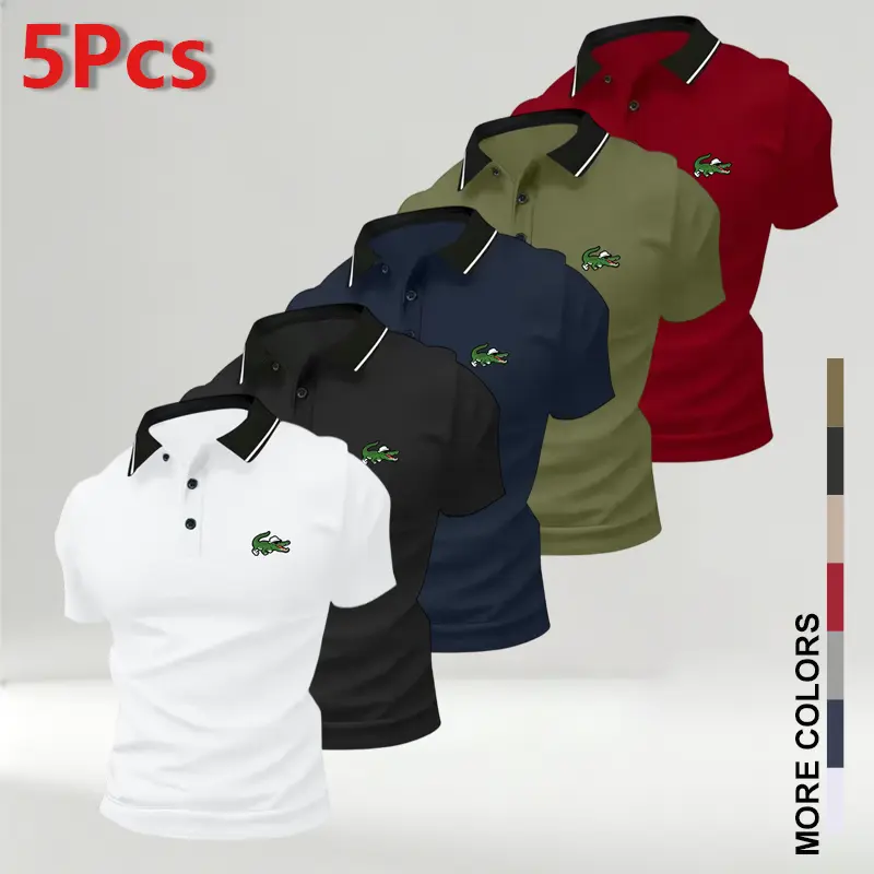 Men's Slim-Fitted Shortsleeve Croco Print Polyester Polo Shirts (5-Pack) - Menswear with Collar, Button Placket, Stretchy Comfort, Machine Washable - Suitable for Golf, Everyday Casual Wear,New Men Contrast Collar Short Sleeve Polo Shirt, Top Dalmatian