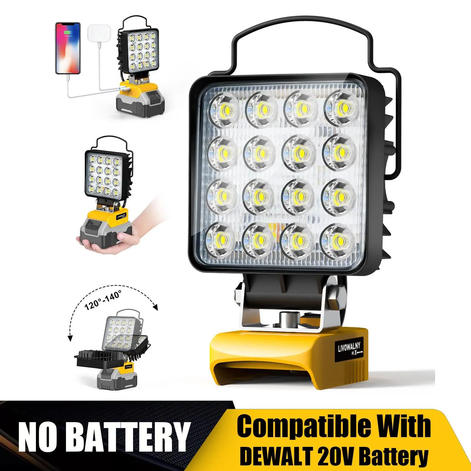 Cordless LED Work Light for Dewalt 20V Max Battery, Battery Not Included, 48W 4800LM 4" Battery Light LED Light Flashlights with USB & Type-C Charging