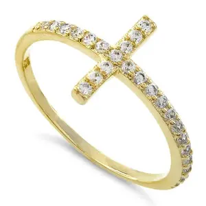 Sterling Silver Gold Plated Cross Clear CZ Ring – .925 Silver
