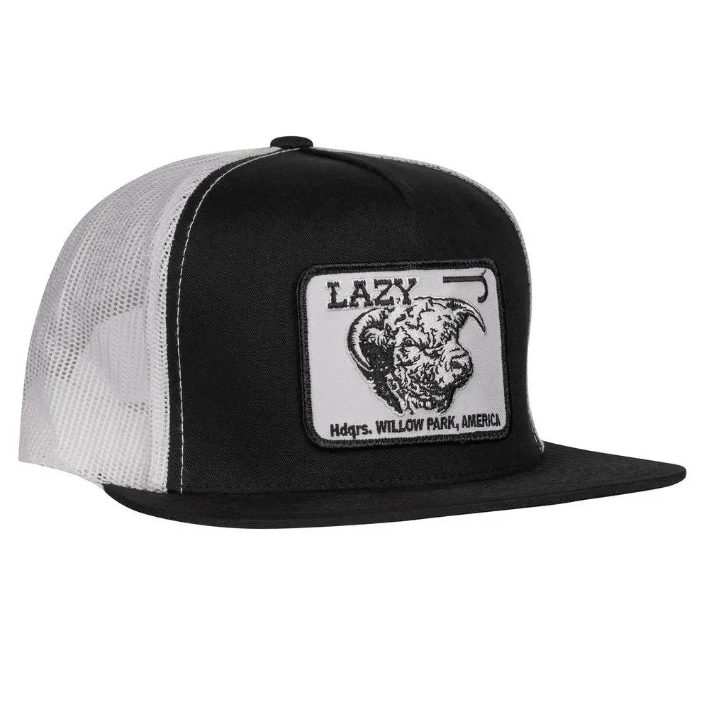 Men's Lazy J Ranch Black & White Willow Cattle Headquarters 5-Panel Graphic Trucker Hat - Adjustable High-Quality Fashion Accessory Cap, Flatbill Modern, Classic Us Truck Style Hats, Casual Hat, Western Ootd