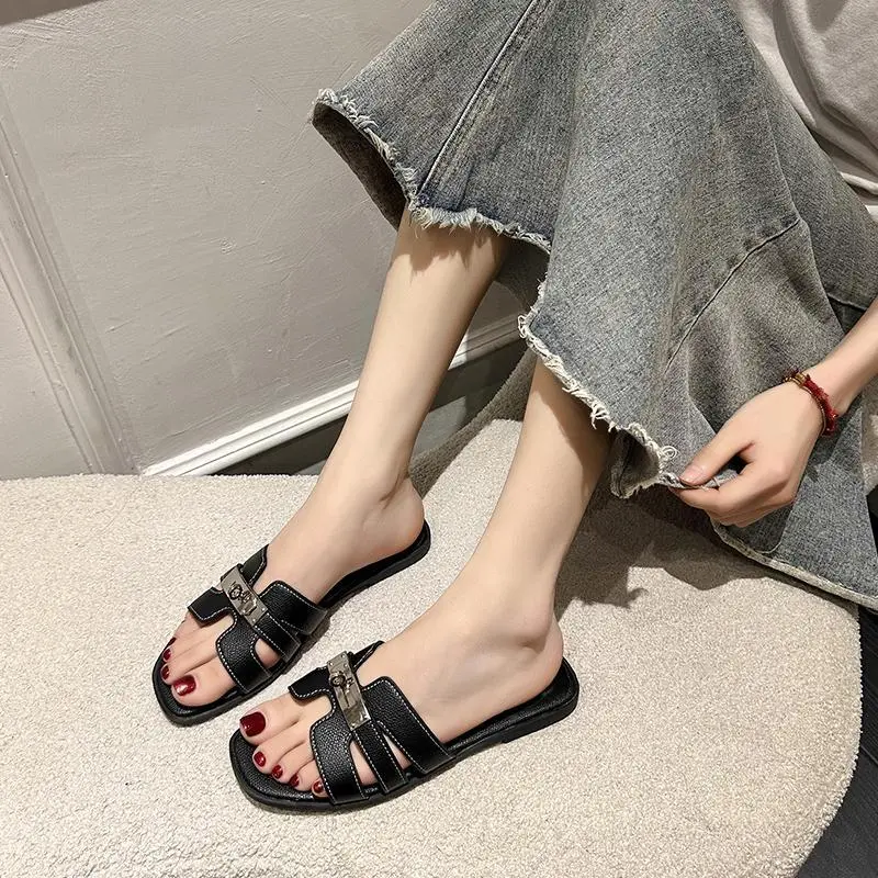 Women's Square Toe Flat Slide Sandals with Metallic Buckle Accent - 4 Classic Colors for Summer Casual & Daily Wear