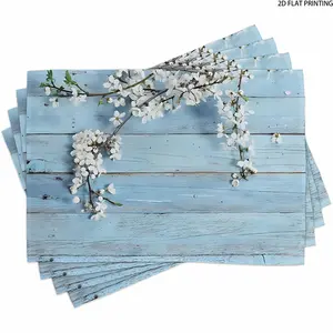2D flat printing, 2-piece/4-piece/6-piece/8-piece set of country style placemats, spring floral pattern, washable fabric dining table mat, 12 x 18 inches, blue
