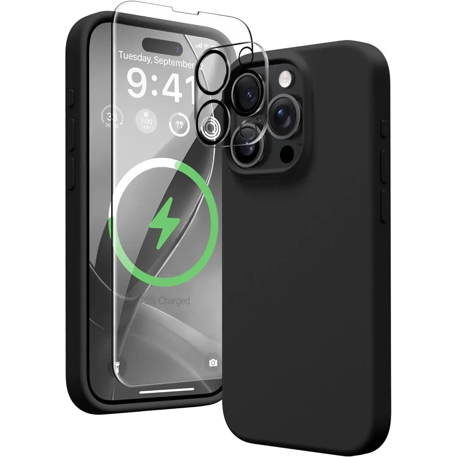 Entronix iPhone 15 Pro Max 3-in-1 Bundle - Liquid Silicone Case, 1 Clear Screen Protector & 1 Camera Lens Protector, Tempered Resistance