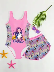 Girls' Sweet Cool Style Two-Piece Swimsuit, Gradient Hair Cartoon Print Tank Top + Shorts Set, Casual Fitted Swimwear