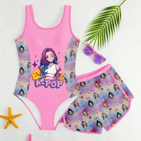Girls' Sweet Cool Style Two-Piece Swimsuit, Gradient Hair Cartoon-Print Tank Top and Shorts Set, Casual Fitted Swimwear, Swimsuit with Shorts
