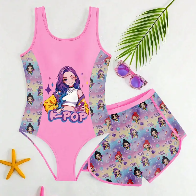 Girls' Sweet Cool Style Two-Piece Swimsuit, Gradient Hair Cartoon-Print Tank Top and Shorts Set, Casual Fitted Swimwear, Swimsuit with Shorts