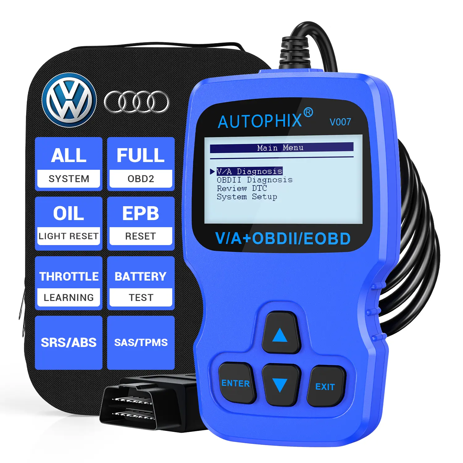 Autophix V007 Automotive Diagnostic Tool - Bluetooth OBD2 Tester Code Reader, Full-System OBD2 Scan Tool for Volkswagen-Audi Cars with Throttle Learning Function