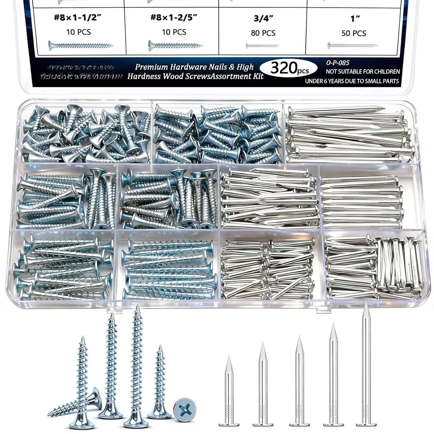 320 count  Hardware Nails & High Hardness  Screws Assortment Kit,1/2"-2"-11 Sizes Phillips Drive Flat , Common Nails, Screws,Furniture Screw with Storage Box