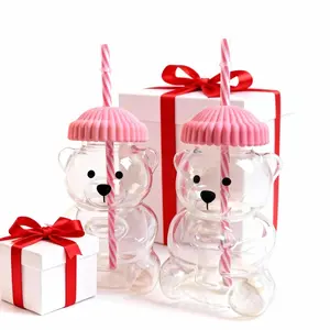 Adorable Teddy Bear Glass Straw Cup 20oz – Seasonal Coffee & Drink Cup, Tumbler, Drinkware, High Borosilicate Glass, Cute Daily Cup, Sweet Gift for Birthday & Valentine’s Day