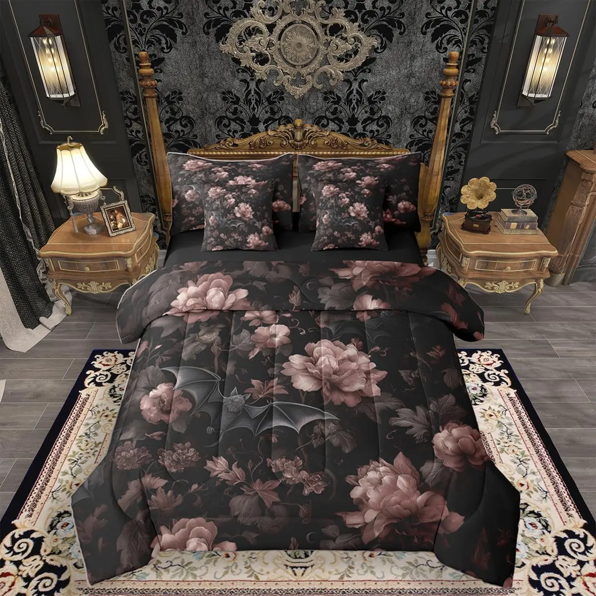 Gothic Bed in A Bag for Home,Goth Halloween Decor Comforter Set with Sheets Women Men,Gothic Bat Black Floral 7 Pcs Bedding Set,Vintage Victorian Baroque Bed Sets