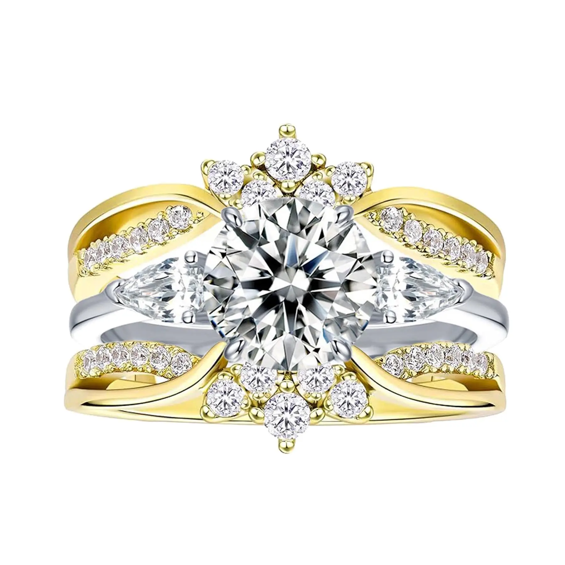 VOWSERING Women's Luxury Wedding Ring Set - 1.5CT Round AAAAA CZ Zircon Embellished Elegant Glittering Costume Jewelry, Yellow Gold Plated Stack, Beautiful Rings, US Sizes 6-10