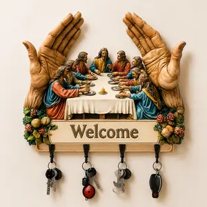 Christian Welcome Key Holder Wall Decor with 4 Hooks, Last Supper Religious Key Rack Organizer, Inspirational Entryway Hanging Decor Gift for Home, Family & Faith Lovers