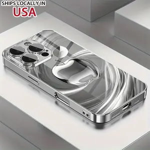 Luxury Electroplated Silver Glass Phone Case for iPhone 11-17 Series Shockproof Skin-Friendly Stylish Apple Pattern Design Smartphone Protector Cover